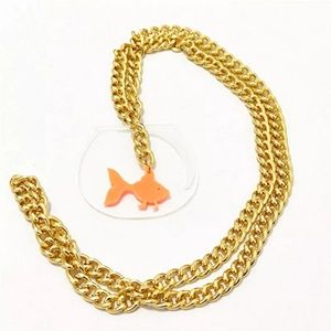 Goldfish in a Bowl Necklace Women's or Men's Handmade Acrylic Gold Chain Jewelry